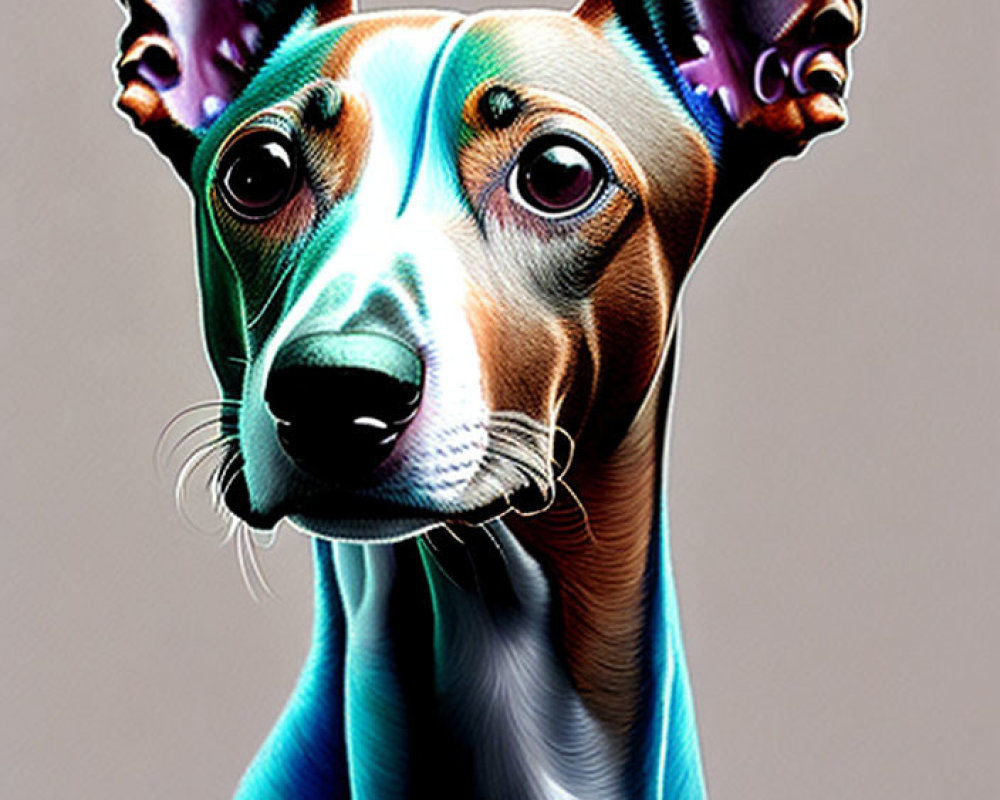 Slim dog with large ears and multicolored stripes - thoughtful expression