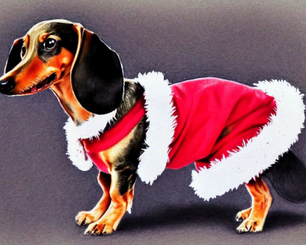Dachshund Dog in Red Santa Coat on Grey Background