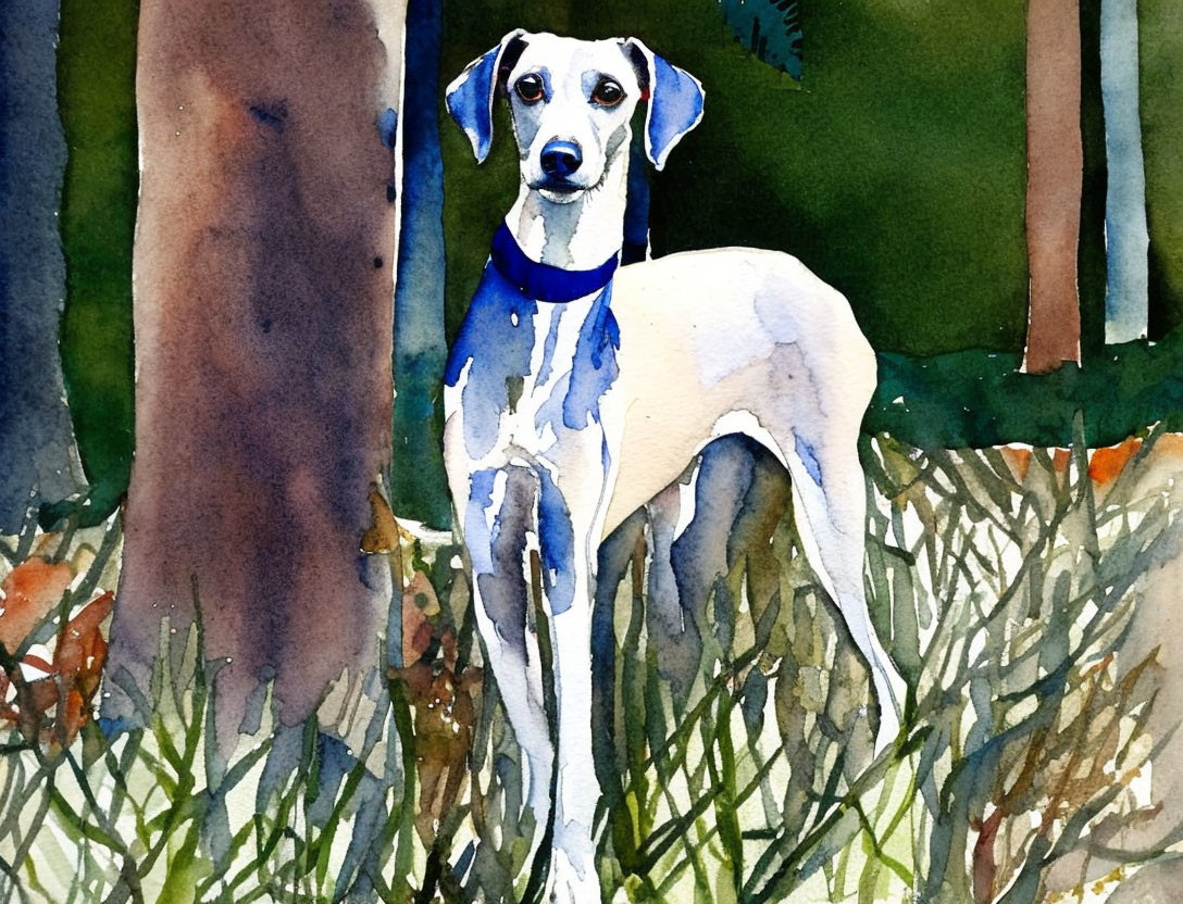 Slender white and gray dog with blue collar in watercolor painting
