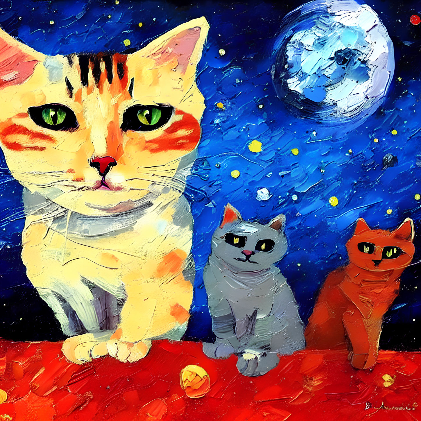Stylized astronaut cats on Mars-like surface with moon and stars