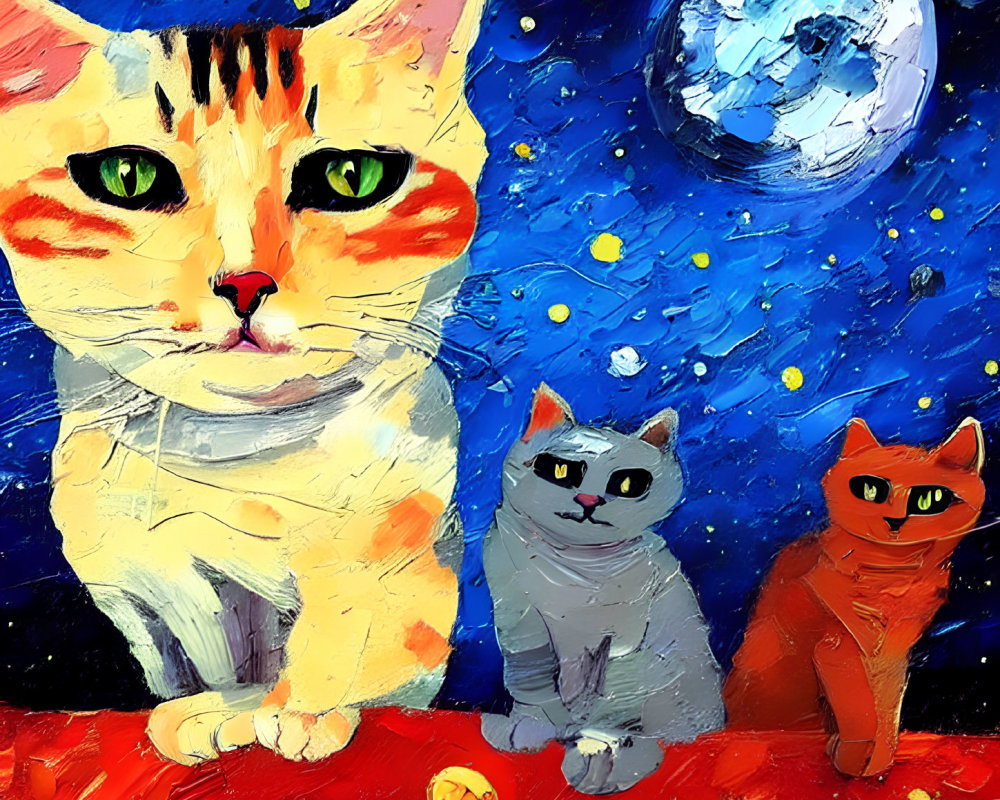 Stylized astronaut cats on Mars-like surface with moon and stars