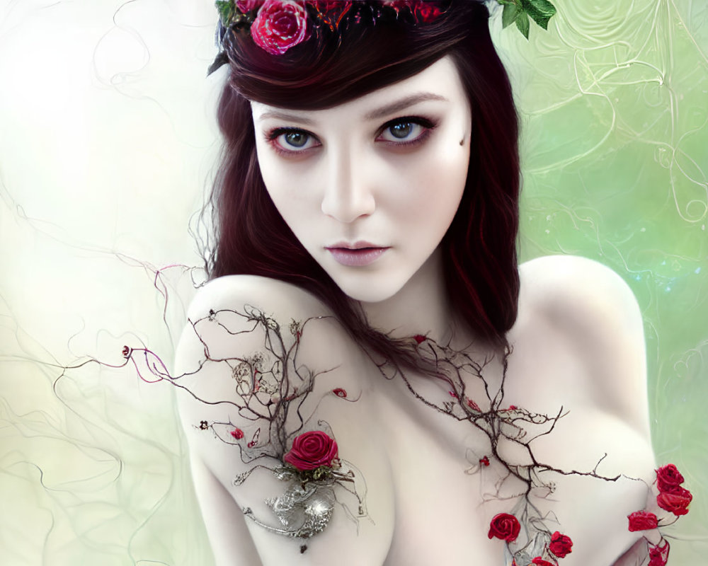 Digital artwork: Pale-skinned person with red flowers in hair and limbs, minimal jewelry, on soft