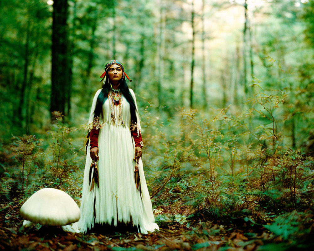 Native American person in traditional attire with white mushroom in forest