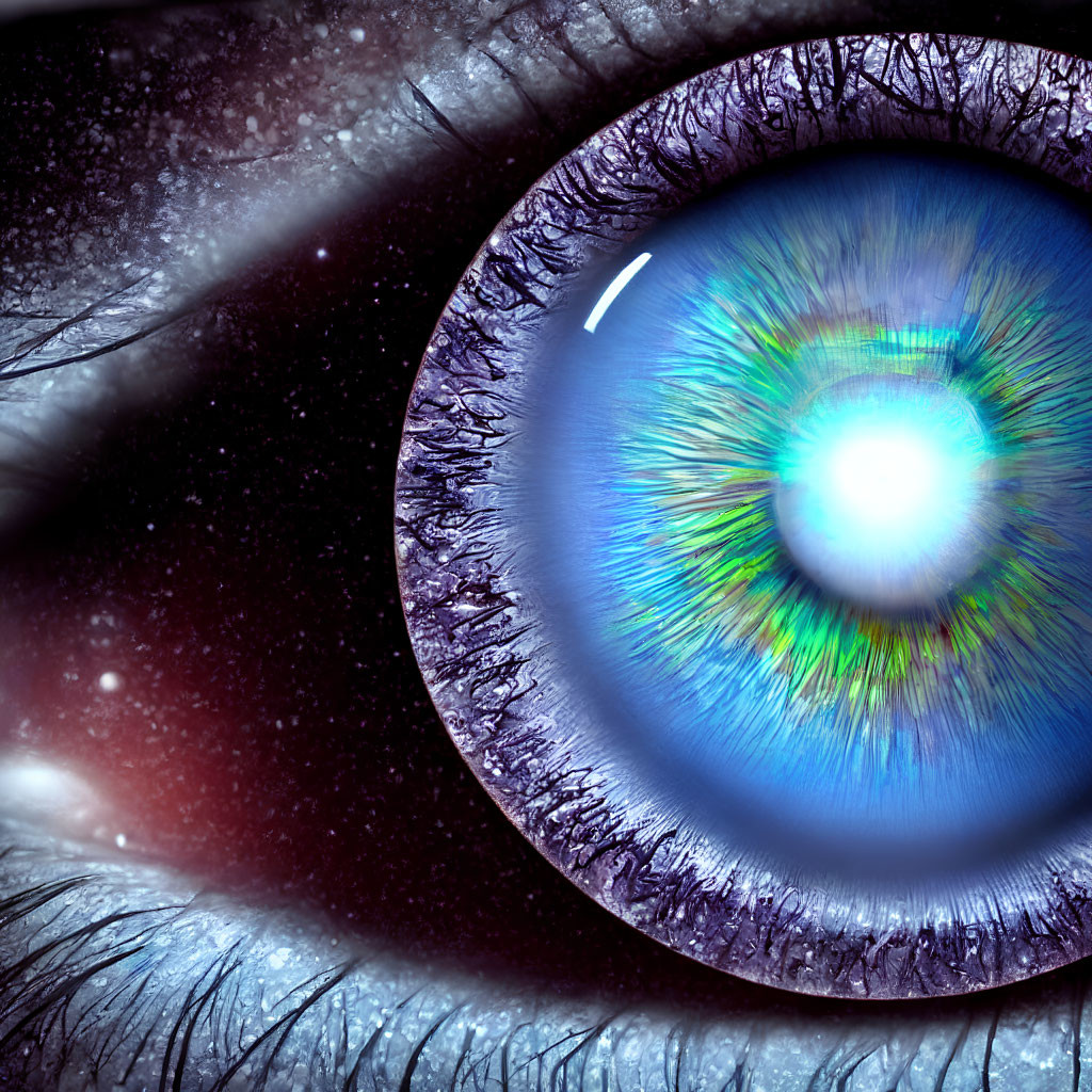 Detailed close-up of a human eye with vibrant blue iris and cosmic elements.
