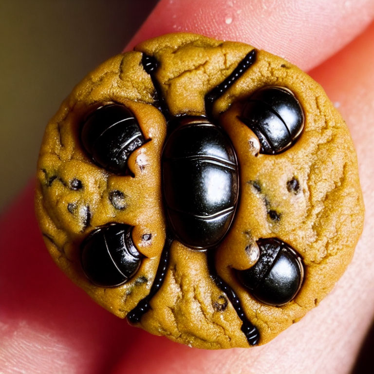 Round cookie with beetle-like design in chocolate or icing.