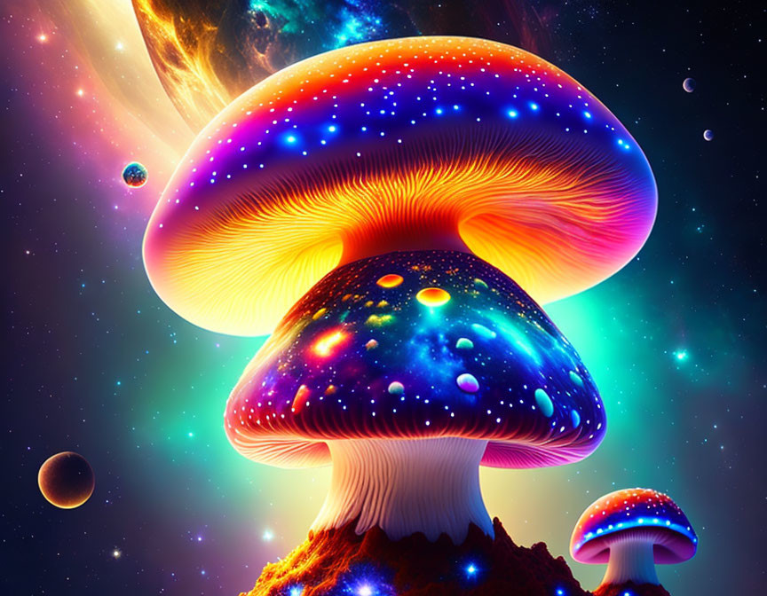Colorful Bioluminescent Mushroom Art in Cosmic Setting