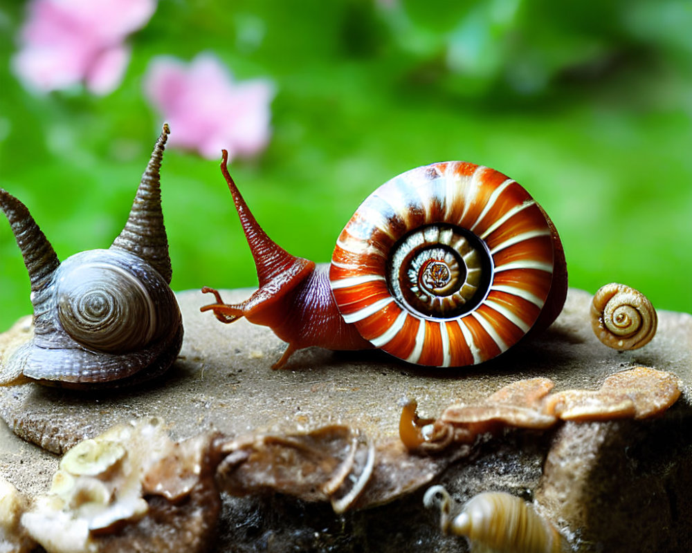 Snails with Varied Spiral Shells Among Greenery and Flowers