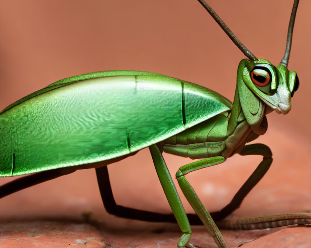 Cartoonish green praying mantis with exaggerated eyes on terracotta surface