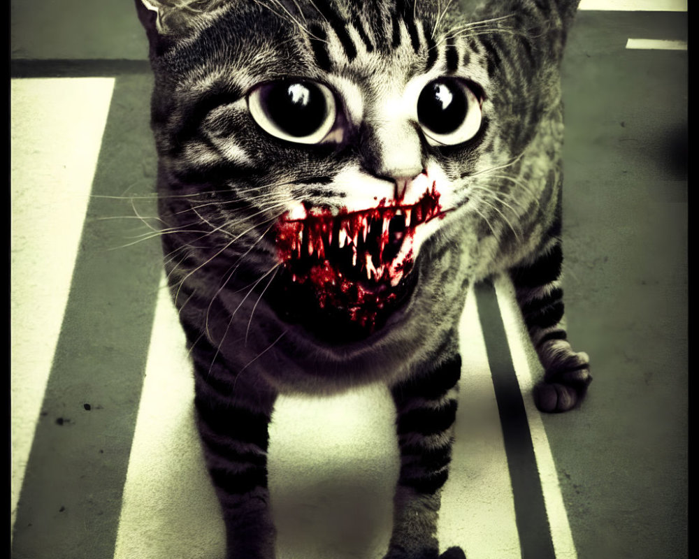 Digital artwork of a cat with enlarged eyes and menacing teeth.