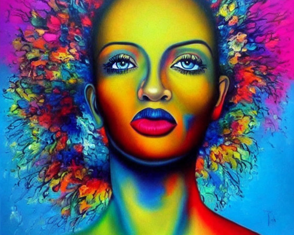 Colorful Abstract Portrait of Woman with Explosive Hair on Blue Background