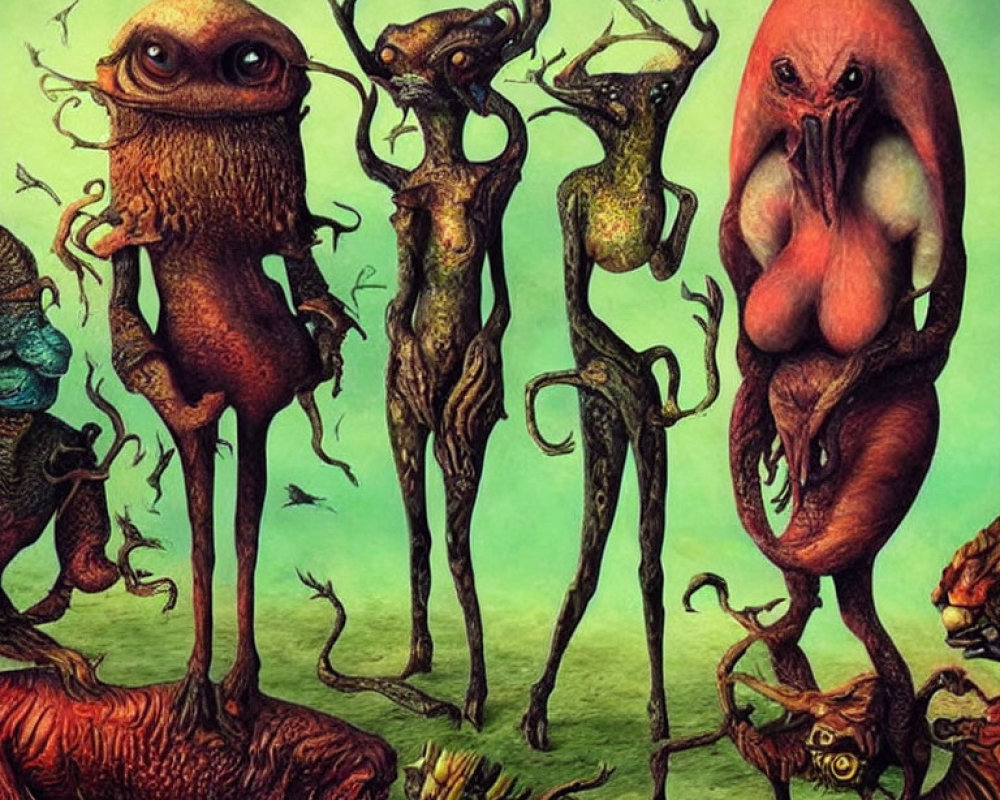 Surreal Artwork: Creatures with Elongated Limbs, Branching Antlers, and