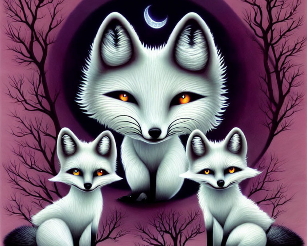 Stylized foxes under crescent moon in purple setting