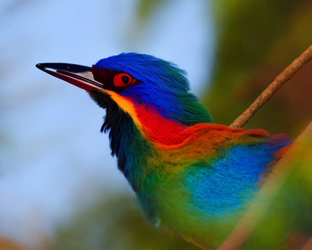 Colorful bird with blue, green, and red feathers perched on a branch