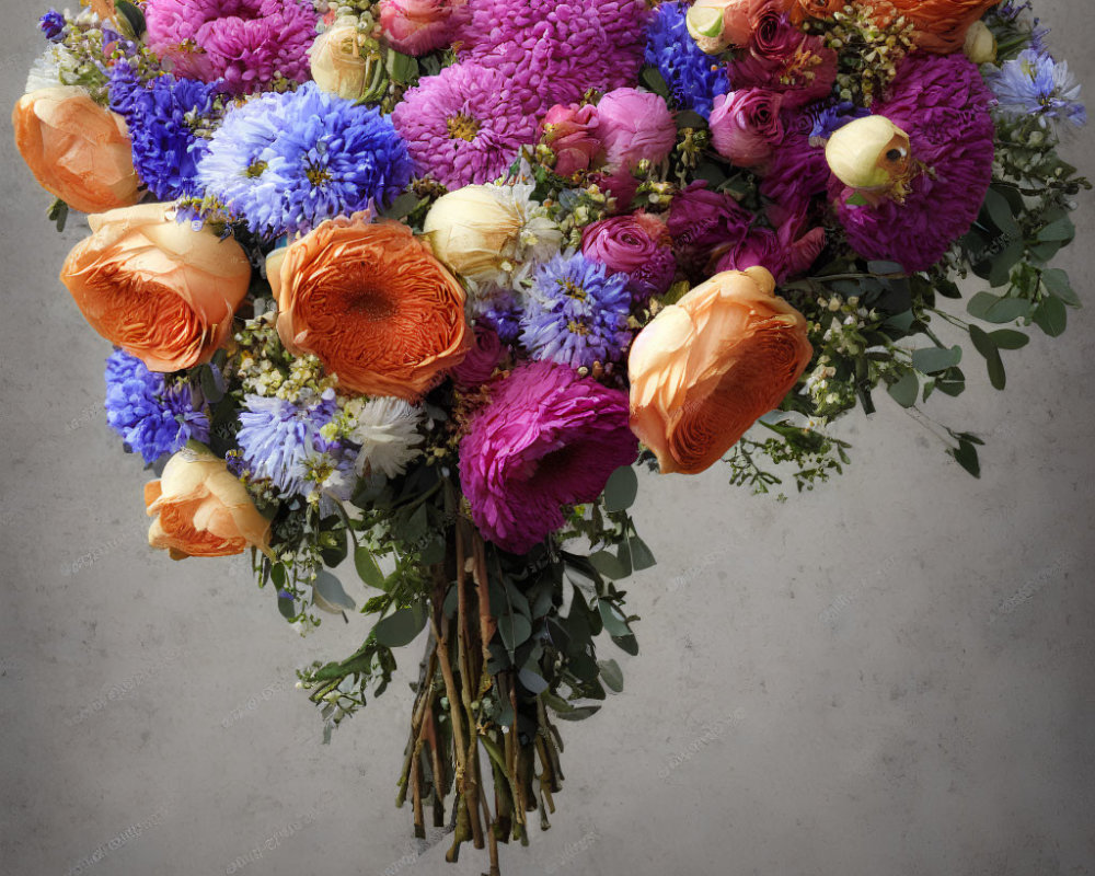 Colorful Purple, Blue, and Orange Flower Bouquet on Grey Background
