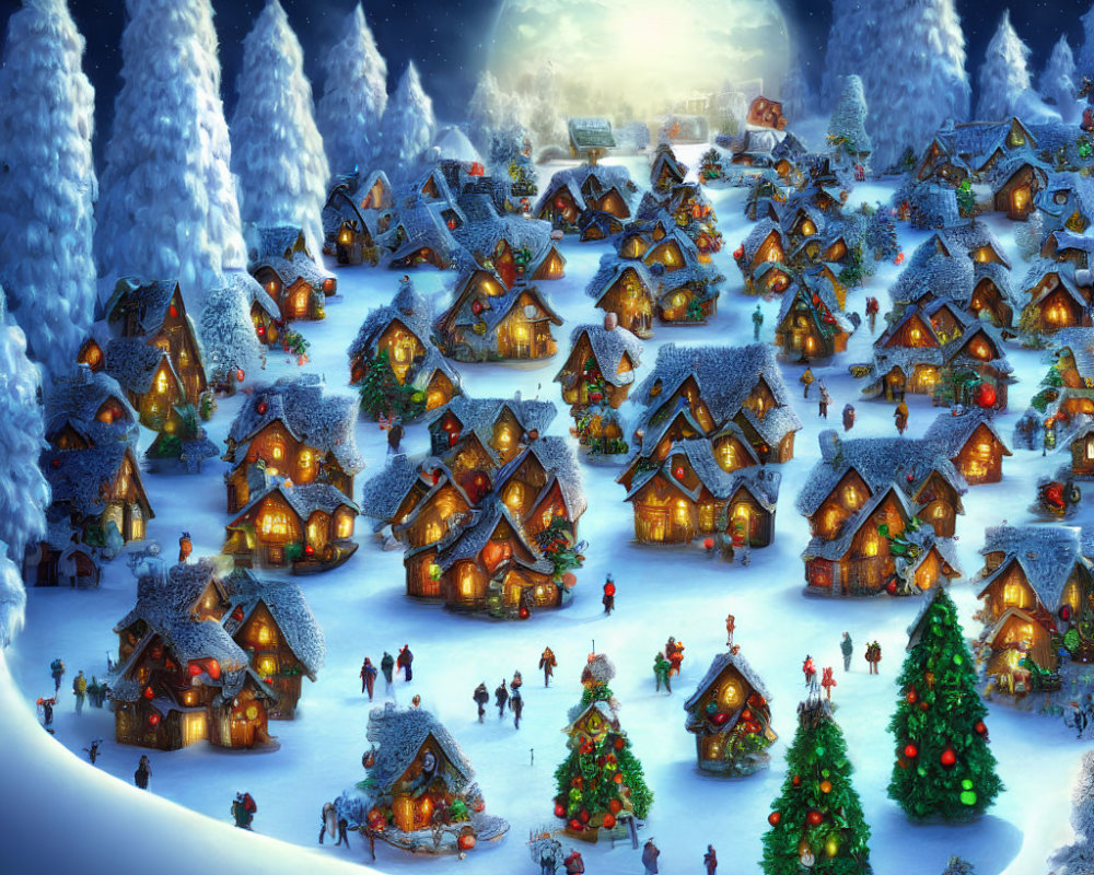 Snow-covered winter village at night with festive Christmas decorations
