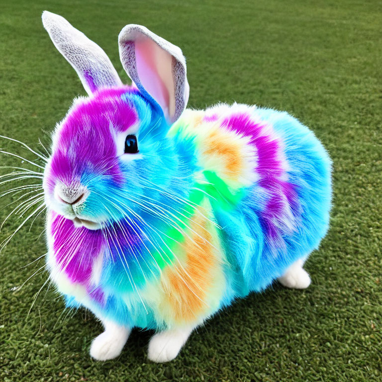 Colorful Rainbow Patterned Rabbit on Green Grass with Long Ears