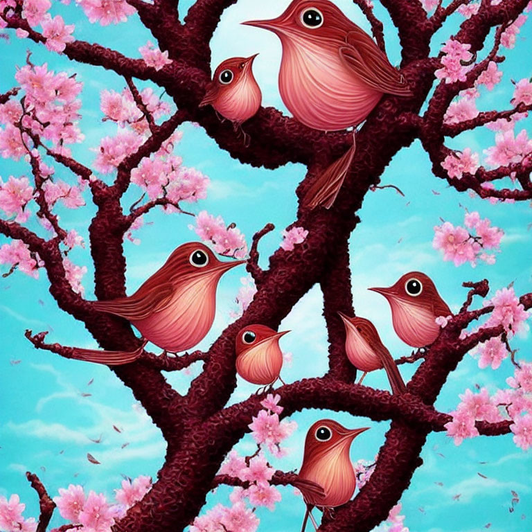 Whimsical pink birds in cherry blossom branches on blue sky