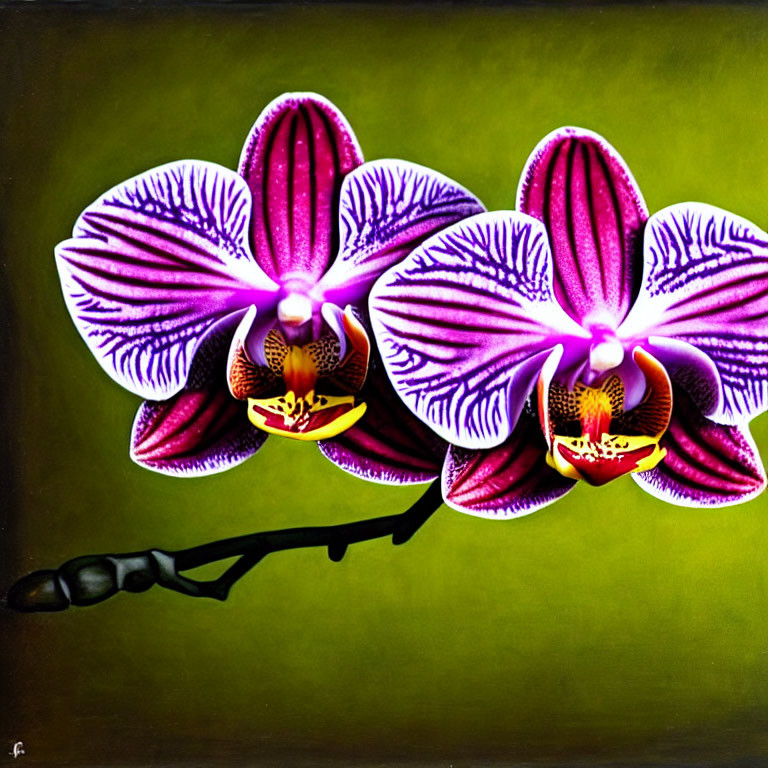 Three Purple-Striped Orchids on Greenish-Yellow Background