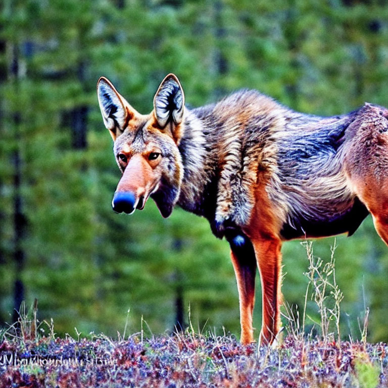 Colorful wolf in wilderness setting glances at camera
