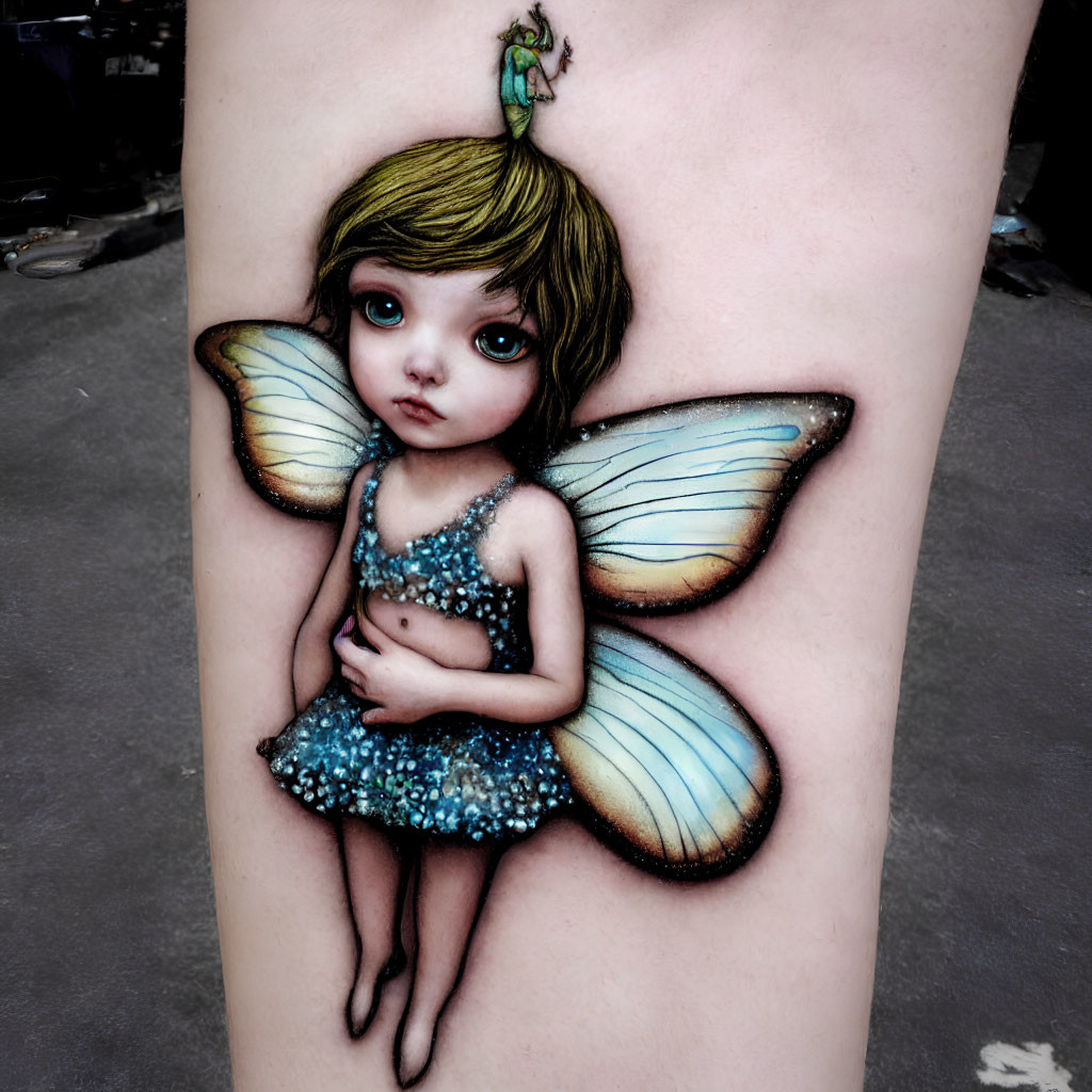Girl with Butterfly Wings and Green Dragon Tattoo Design