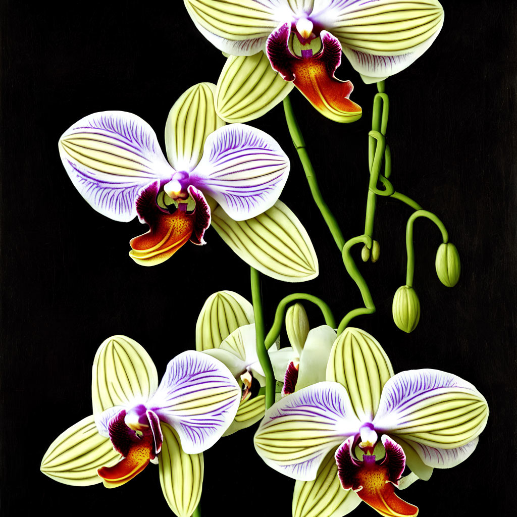 Striped White and Purple Orchids on Dark Background