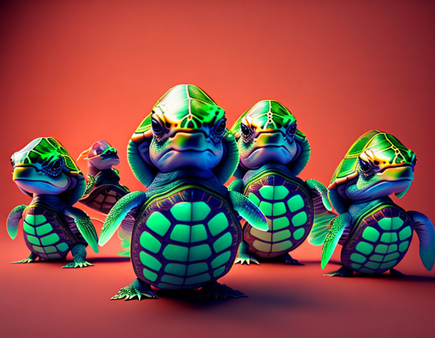 Colorful Stylized Turtles with Vivid Shell Patterns on Red Background