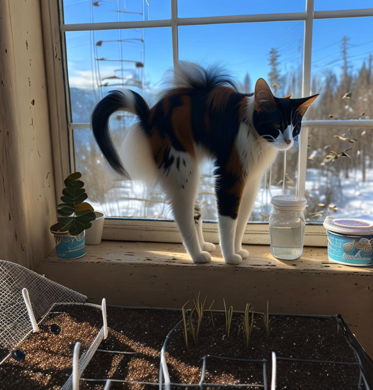 Calico Cat on Wooden Windowsill Looking at Snowy Landscape