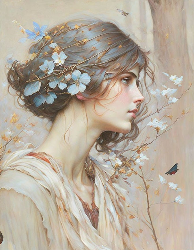 Woman portrait with spring blossoms and blue butterflies in hair.