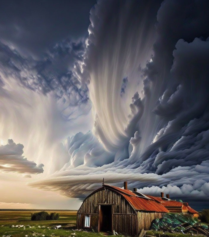 Dramatic sky with undulating clouds over rustic barn in open field