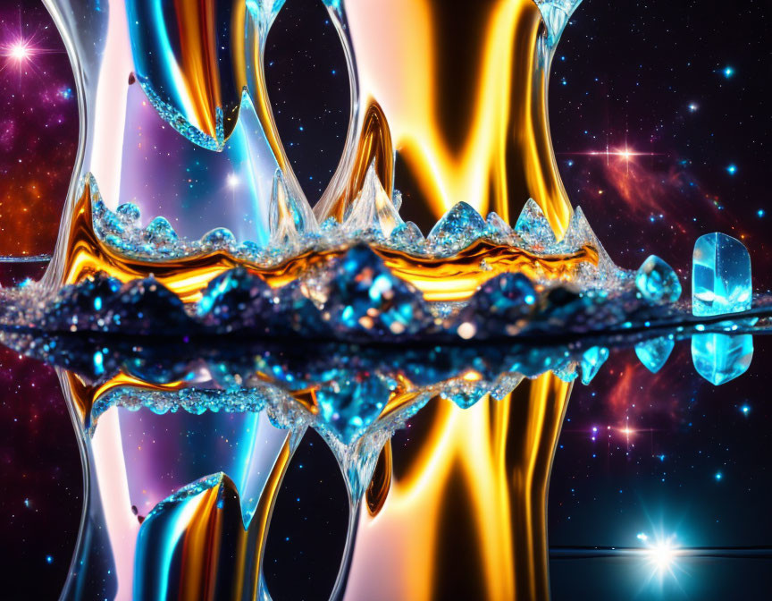 Surreal liquid gold and water blend in cosmic backdrop