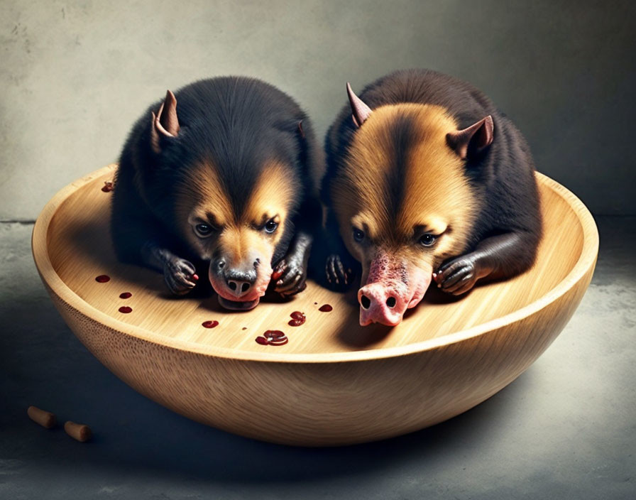 Adorable bear cub-bodied creatures with puppy faces in wooden bowl with beans