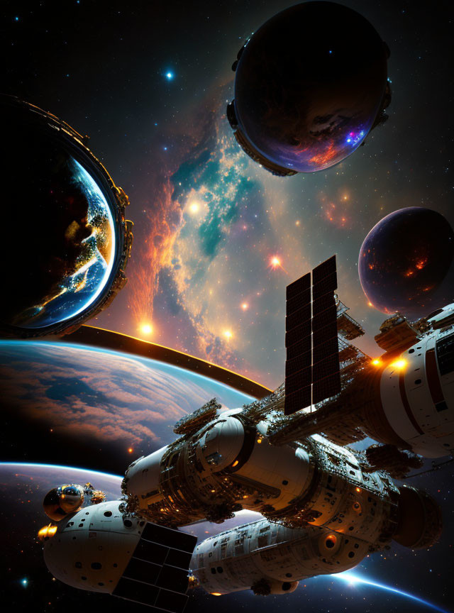 Colorful space scene with planets, nebula, and spacecraft