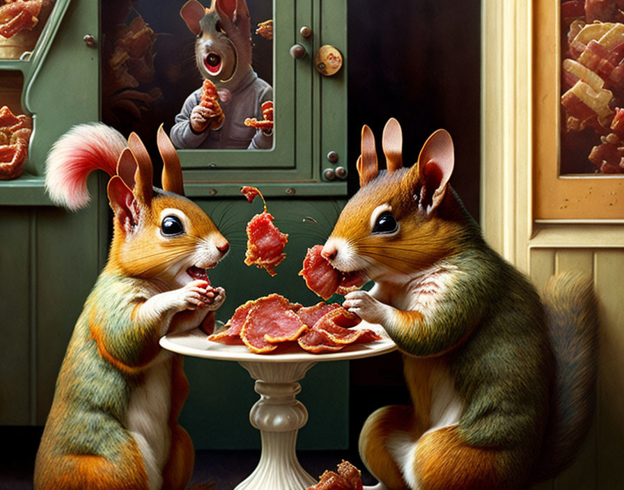 Anthropomorphic squirrels eating pizza with surprise at window