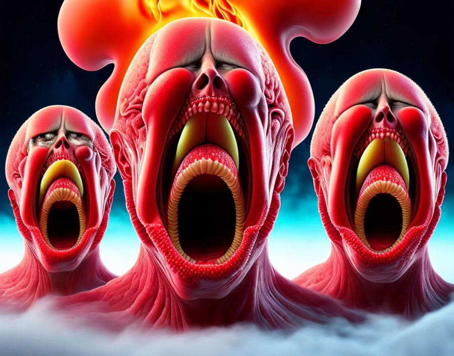 Vibrant red stylized heads with open mouths against cosmic backdrop