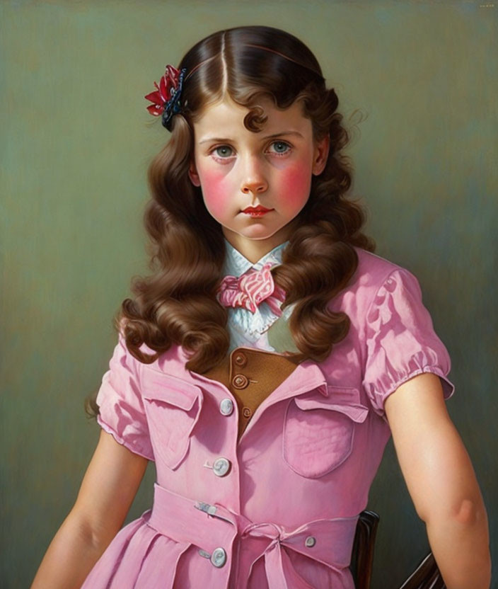 Realistic painting of young girl in pink dress with flower hairpin