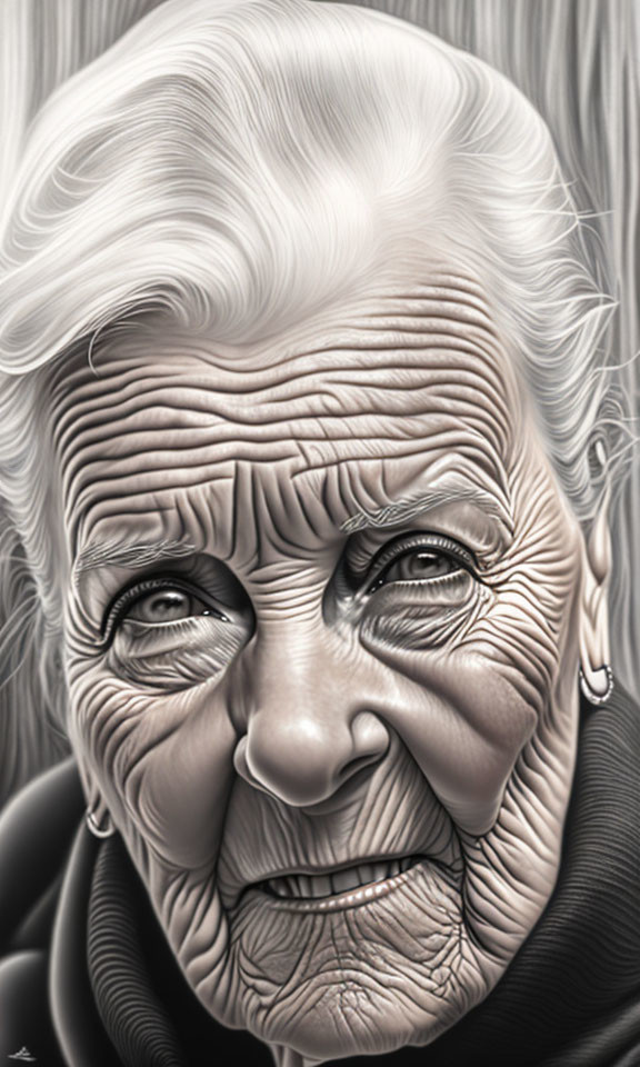 Monochrome digital portrait of elderly woman with deep wrinkles and white hair