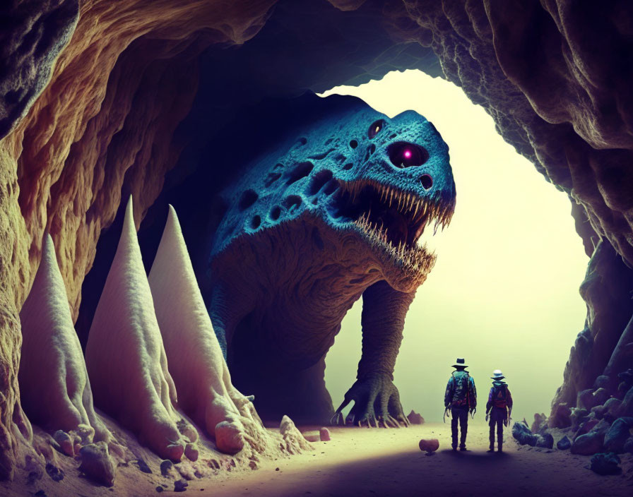 Two individuals encounter a massive reptilian creature in a mysterious cave.