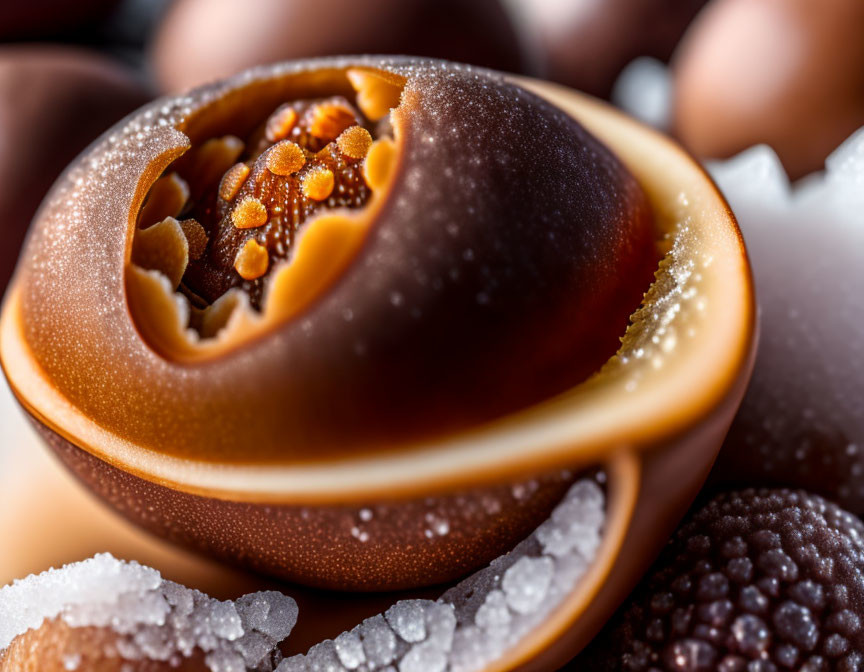 Detailed Close-Up of Glossy Chocolate Candies with Sugar Crystals