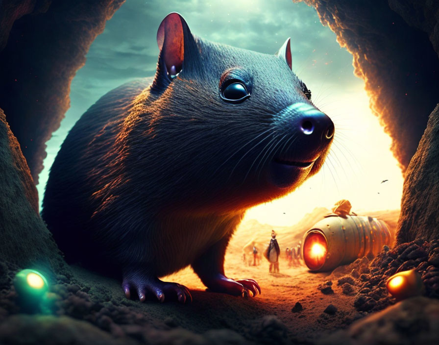 Whimsical rodent observing astronauts and crashed spacecraft on alien landscape