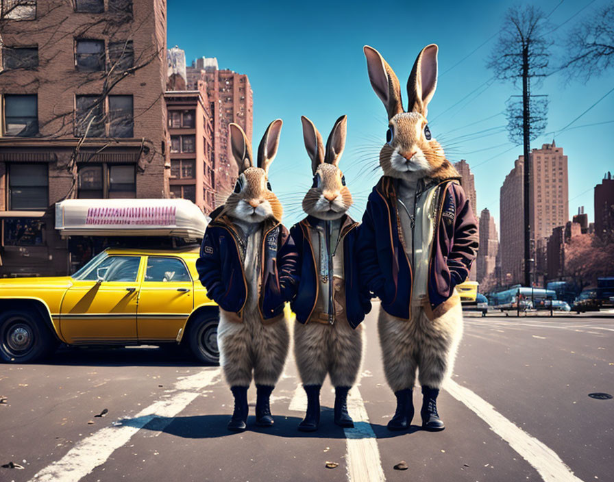 Stylish anthropomorphic rabbits in jackets on city street with taxi