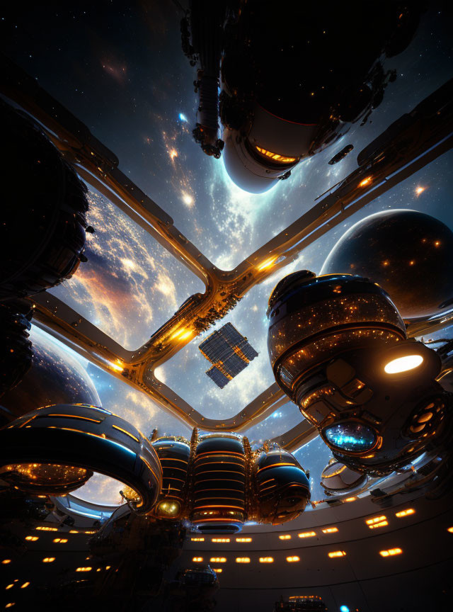 Futuristic space station with galaxy view through large windows