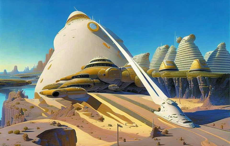 Futuristic desert cityscape with spaceship and dome-shaped buildings