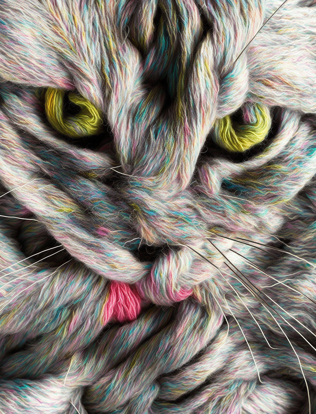 Colorful digital art: Intricate yarn-like cat with yellow eyes and pink nose.