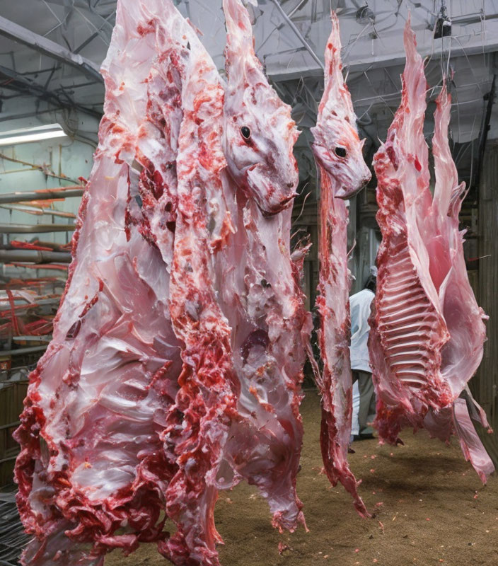 Meat processing facility with worker and hanging carcasses