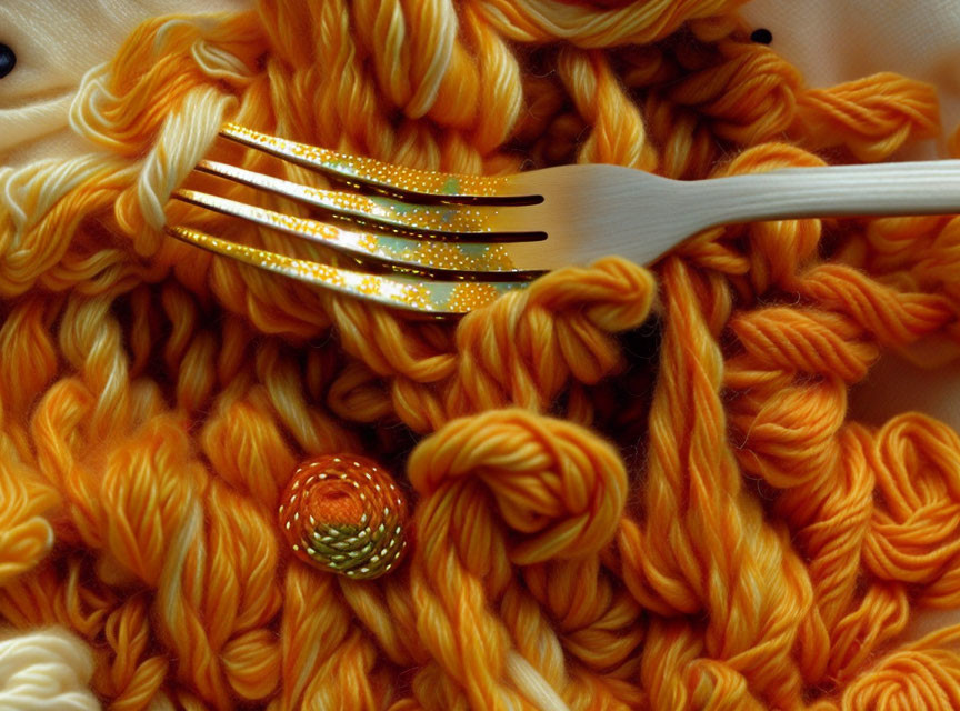 Orange yarn tangled with fork and bead on white surface