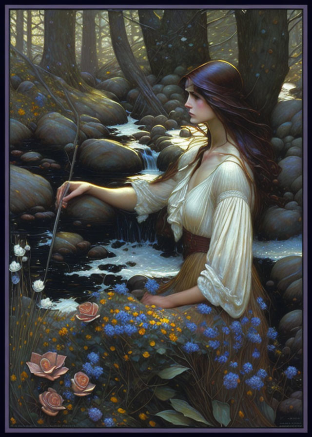 Woman in forest stream with wand, flowers & sunlight