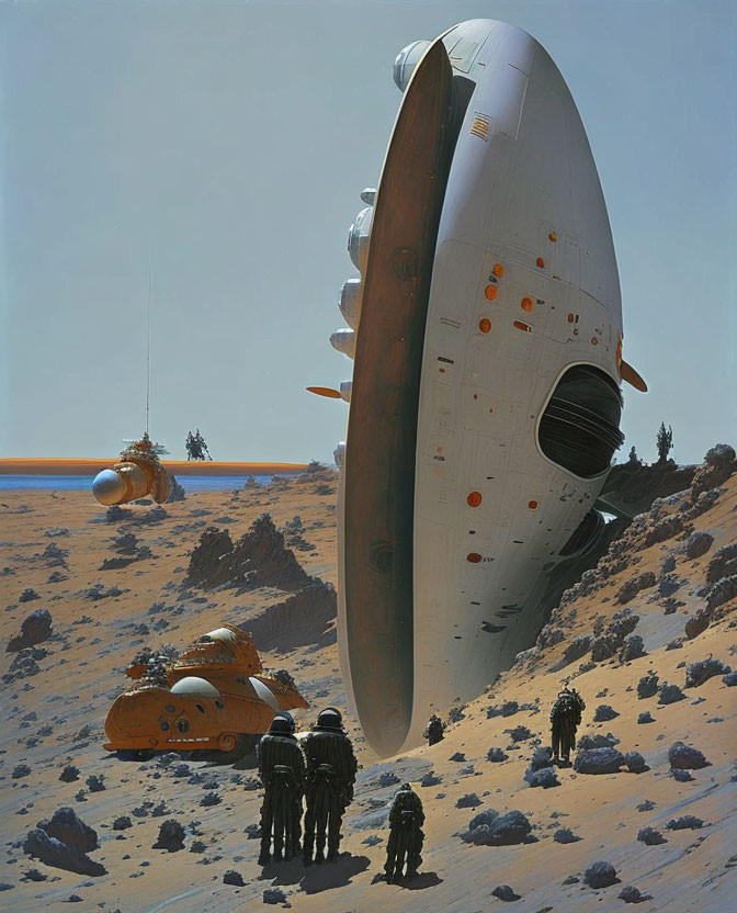 Astronauts exploring rocky alien terrain with futuristic spacecraft and pods under a distant planet's ring.