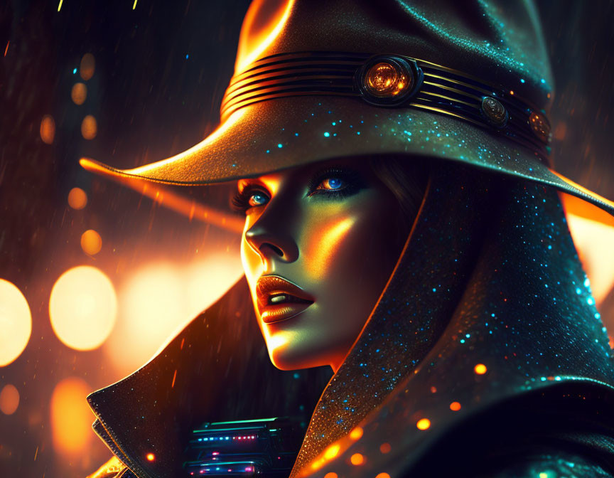 Digital artwork: Woman with glowing skin in futuristic hat, rain droplets, bokeh lights