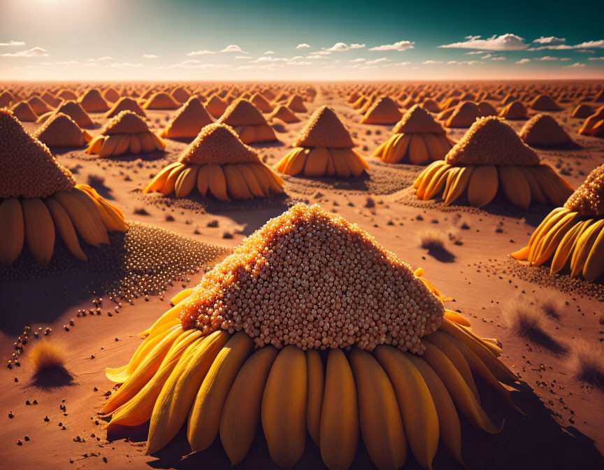 Surreal desert landscape: sunflower-banana pyramids, orange sky
