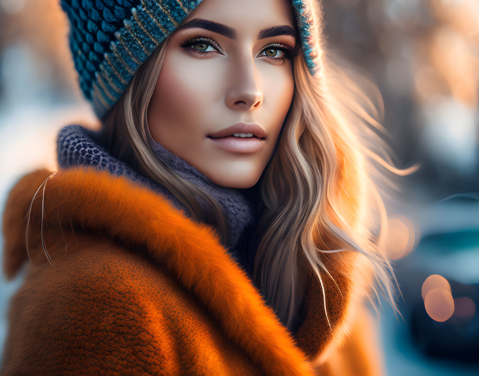 Woman in Orange Fur Coat with Striking Eyes and Hat Portrait